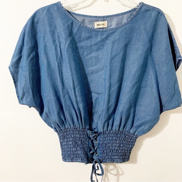 Dizzire Lyocell Chambray Corset Smock Elastic Waist Blouse BoHo Hippie Festival - Picture 3 of 11